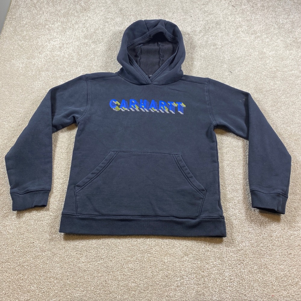 Carhartt Hoodie Boys Large 14-16 Navy Blue Graphic Logo Pullover TS6467-B